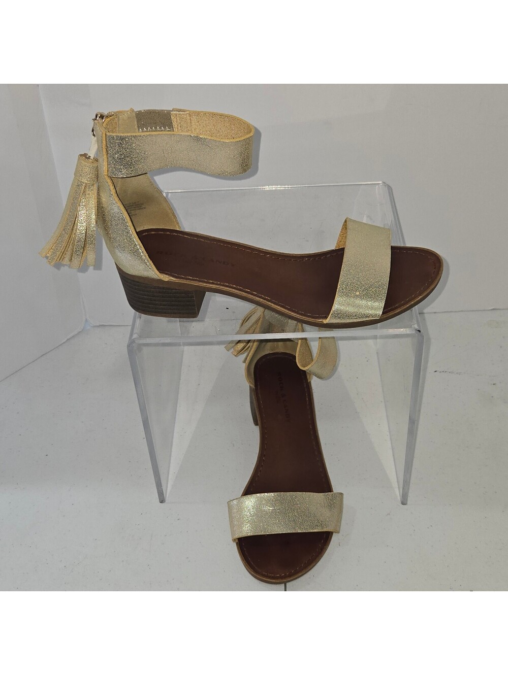 Rock & Candy by ZiGi Nancie Gold Metallic Tassel Ankle Strap Block Heel Size 7